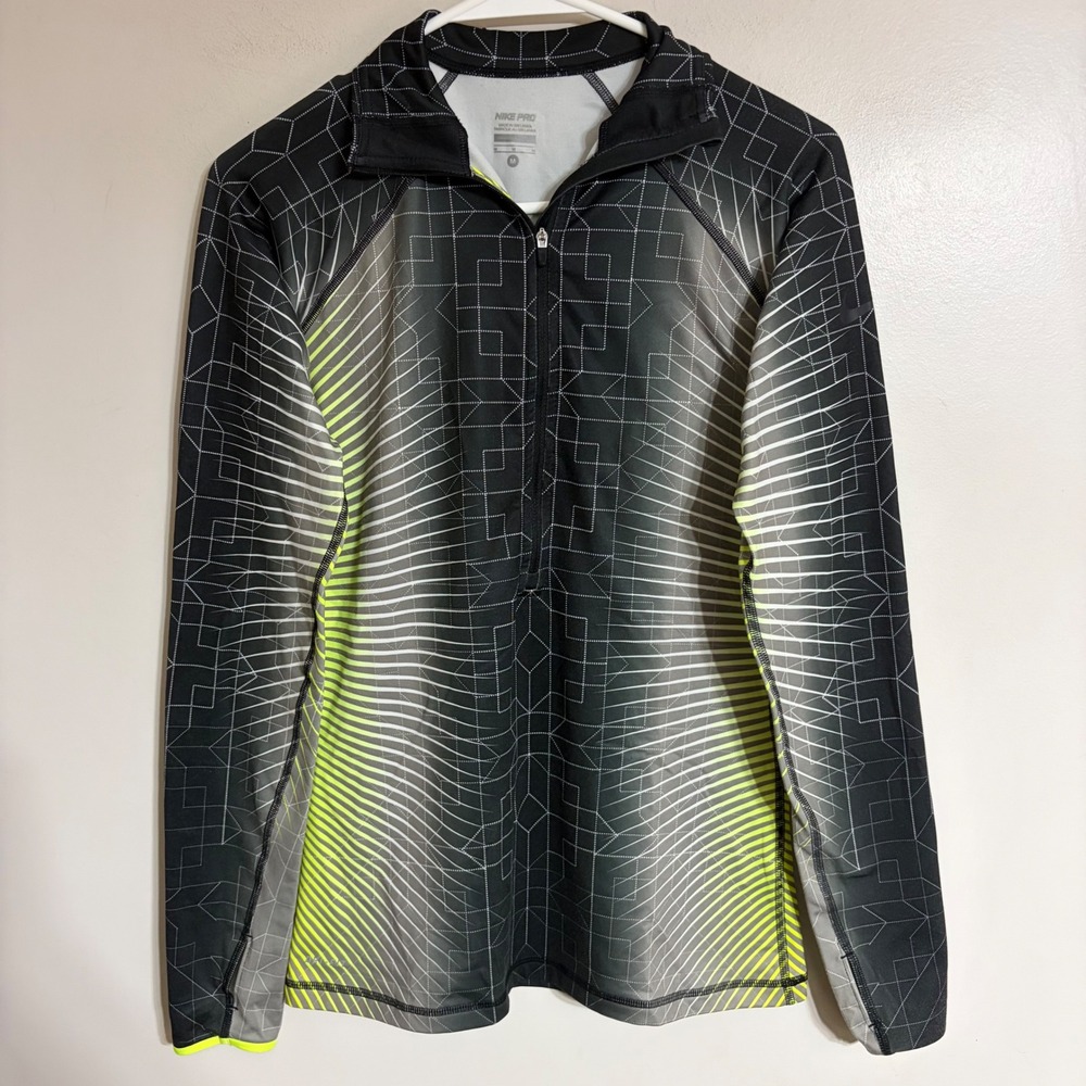 Nike Pro Mens Medium Quarter Zip Training Top Black Volt Geometric Graphic Print